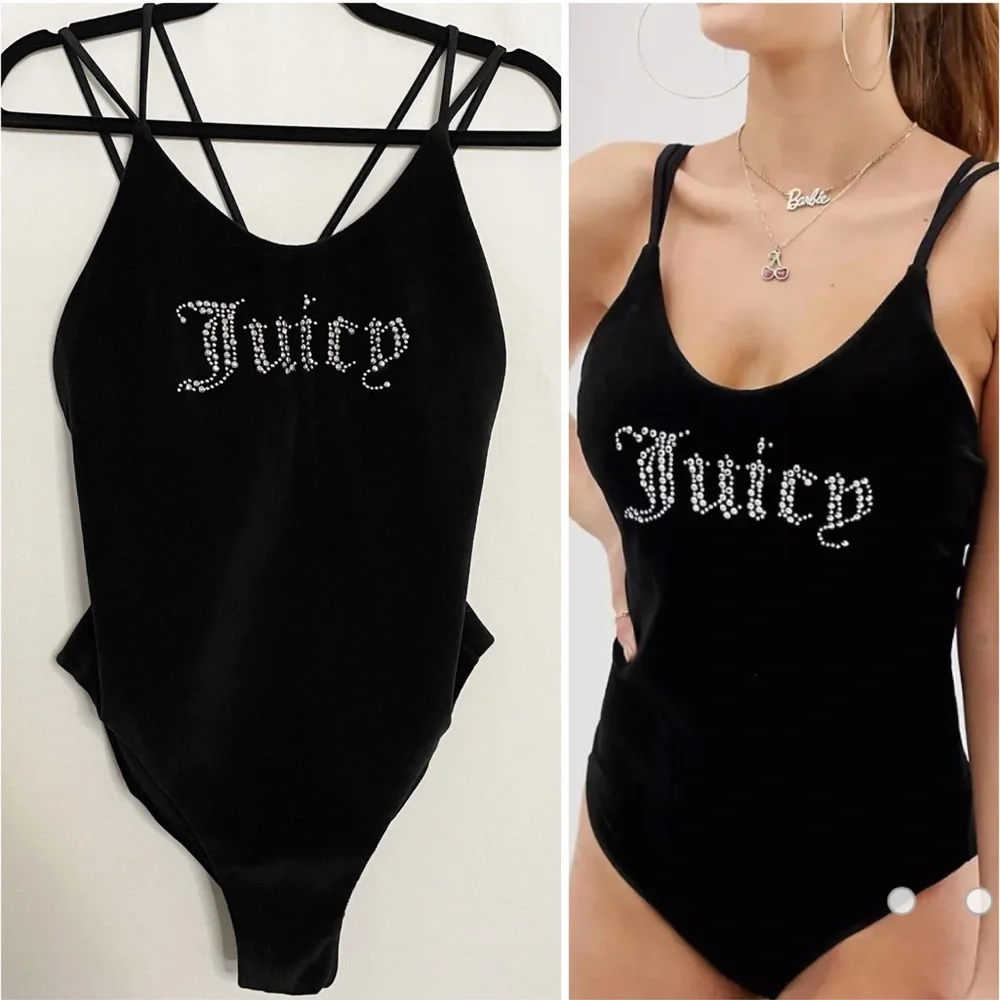 Juicy Couture Rhinestone Logo Velour One Piece Swimsuit Bodysuit 90s Y2K